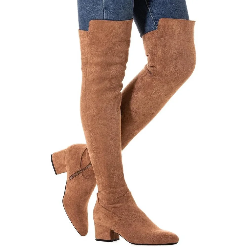 Women Brown/2 Inch Heel Faux Suede Over The Knee Thigh High Low Block Heel Boot